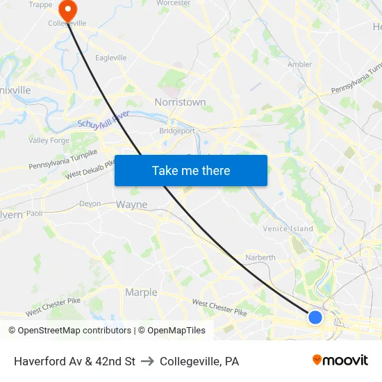Haverford Av & 42nd St to Collegeville, PA map