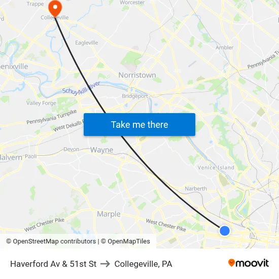 Haverford Av & 51st St to Collegeville, PA map