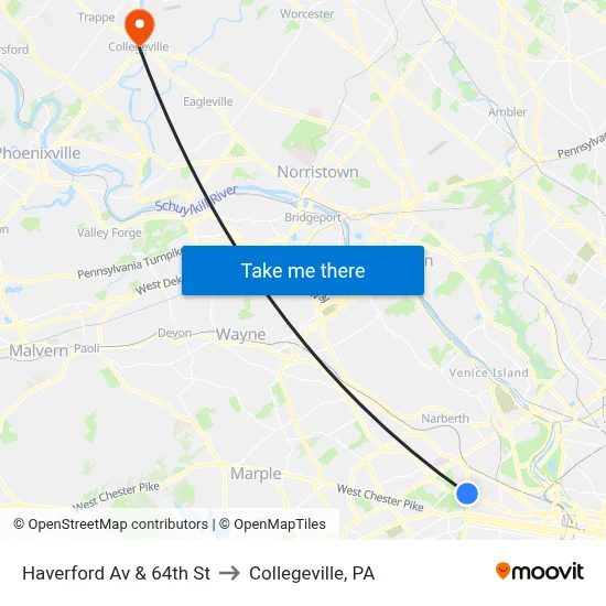 Haverford Av & 64th St to Collegeville, PA map