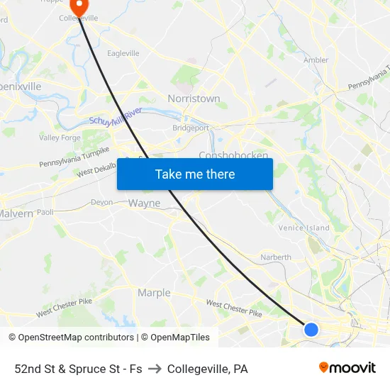 52nd St & Spruce St - Fs to Collegeville, PA map