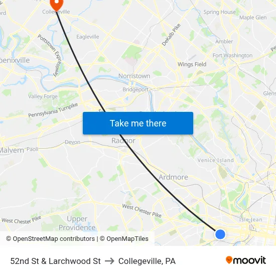 52nd St & Larchwood St to Collegeville, PA map