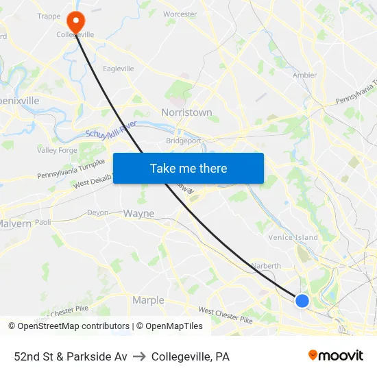 52nd St & Parkside Av to Collegeville, PA map