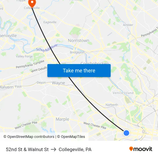 52nd St & Walnut St to Collegeville, PA map