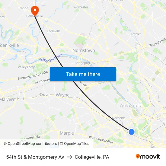 54th St & Montgomery Av to Collegeville, PA map