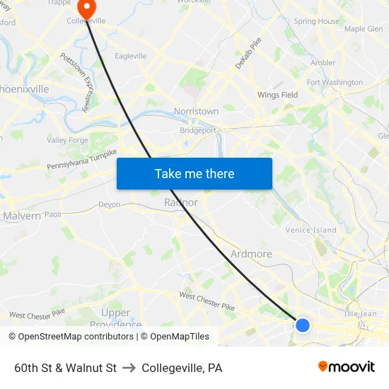 60th St & Walnut St to Collegeville, PA map