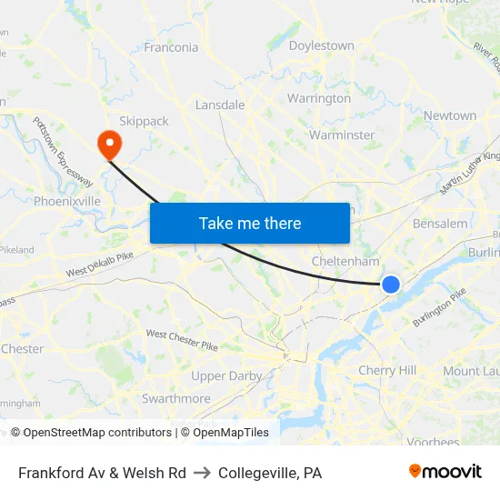 Frankford Av & Welsh Rd to Collegeville, PA map