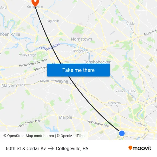60th St & Cedar Av to Collegeville, PA map