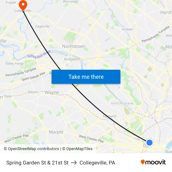 Spring Garden St & 21st St to Collegeville, PA map