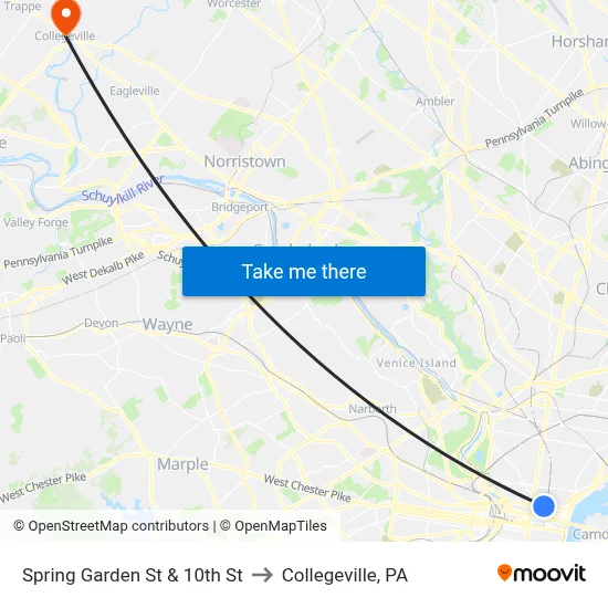 Spring Garden St & 10th St to Collegeville, PA map