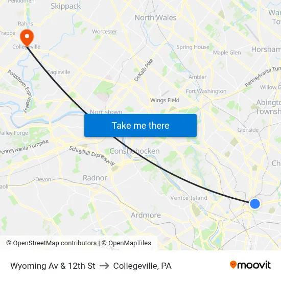 Wyoming Av & 12th St to Collegeville, PA map