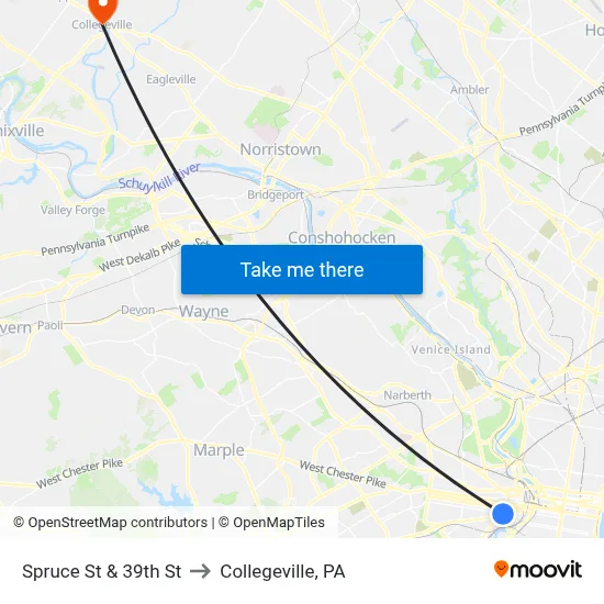 Spruce St & 39th St to Collegeville, PA map