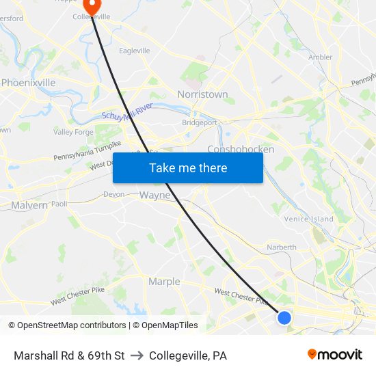 Marshall Rd & 69th St to Collegeville, PA map