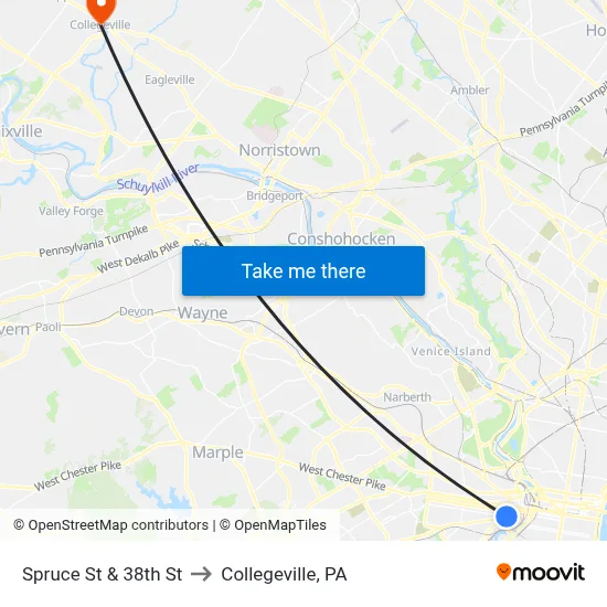 Spruce St & 38th St to Collegeville, PA map