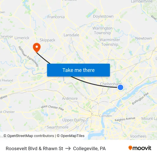 Roosevelt Blvd & Rhawn St to Collegeville, PA map
