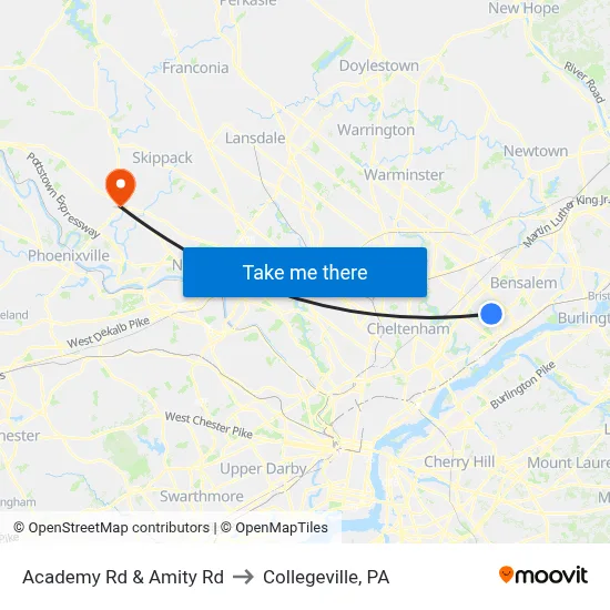 Academy Rd & Amity Rd to Collegeville, PA map
