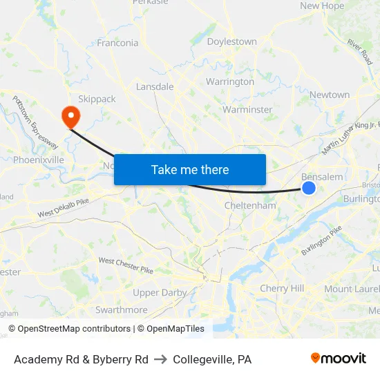 Academy Rd & Byberry Rd to Collegeville, PA map