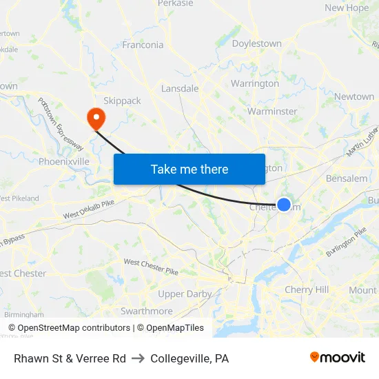 Rhawn St & Verree Rd to Collegeville, PA map