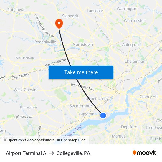 Airport Terminal A to Collegeville, PA map