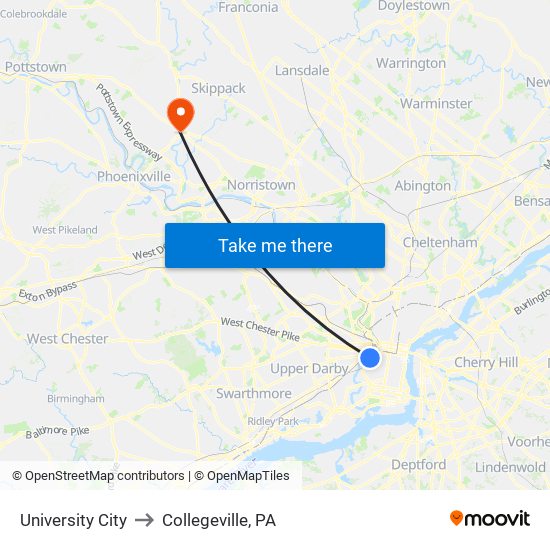 University City to Collegeville, PA map