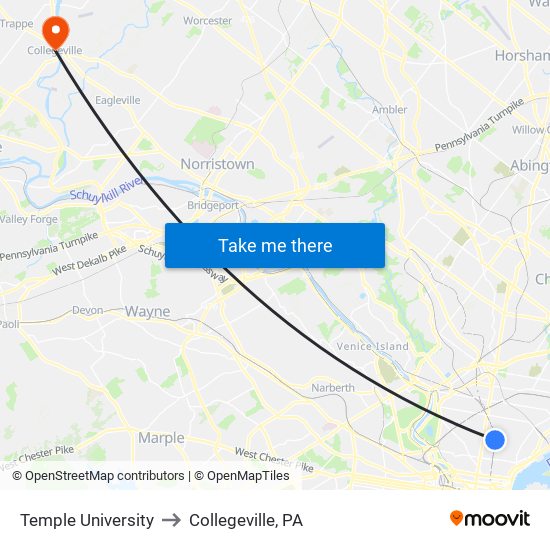 Temple University to Collegeville, PA map