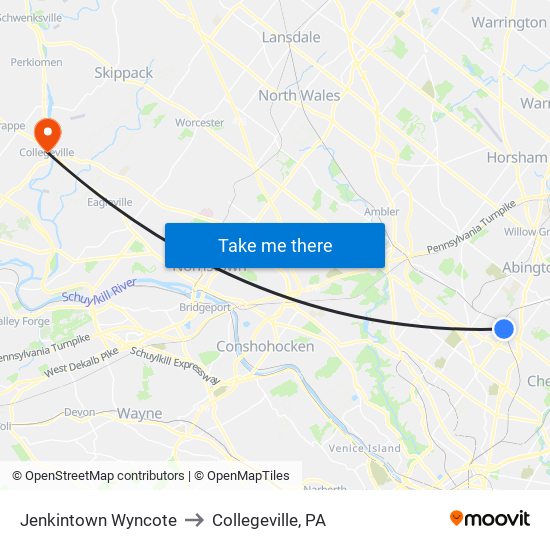 Jenkintown Wyncote to Collegeville, PA map