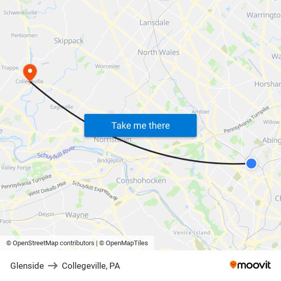 Glenside to Collegeville, PA map
