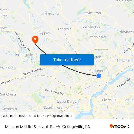 Martins Mill Rd & Levick St to Collegeville, PA map