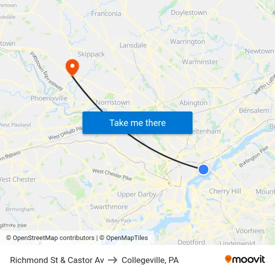 Richmond St & Castor Av to Collegeville, PA map