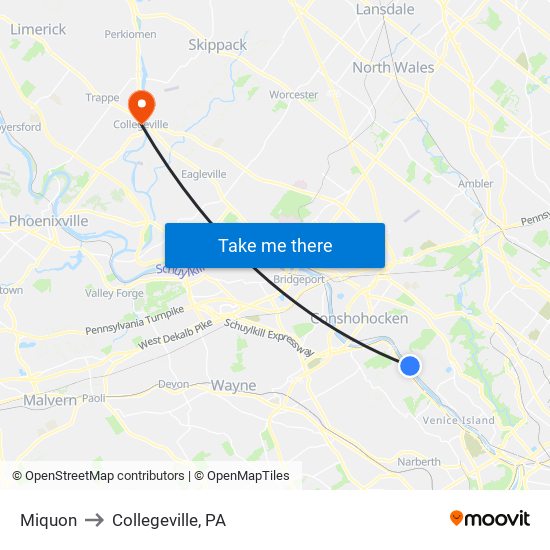 Miquon to Collegeville, PA map