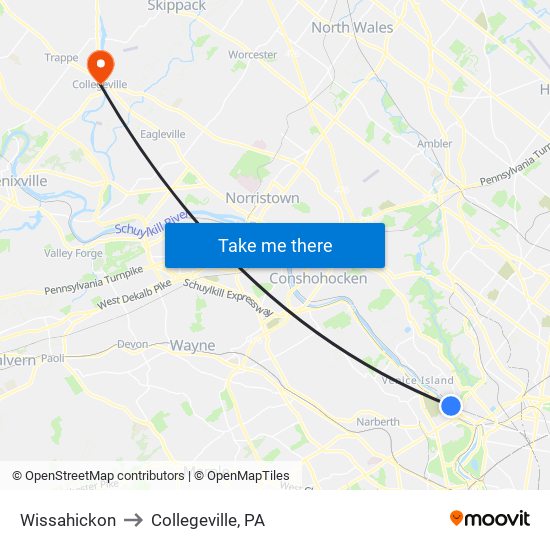 Wissahickon to Collegeville, PA map