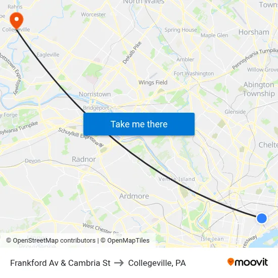 Frankford Av & Cambria St to Collegeville, PA map