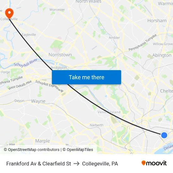 Frankford Av & Clearfield St to Collegeville, PA map