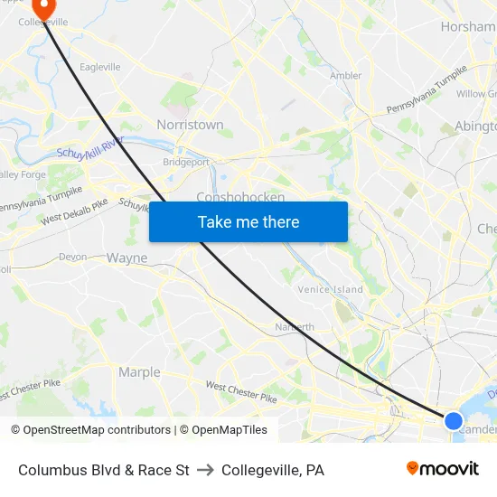 Columbus Blvd & Race St to Collegeville, PA map