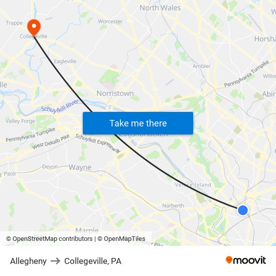 Allegheny to Collegeville, PA map
