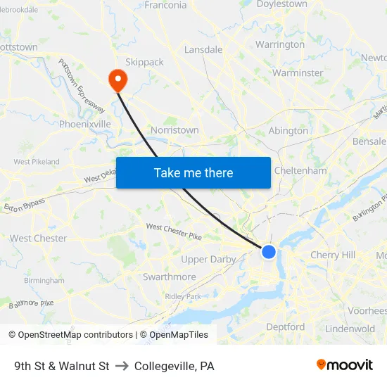 9th St & Walnut St to Collegeville, PA map