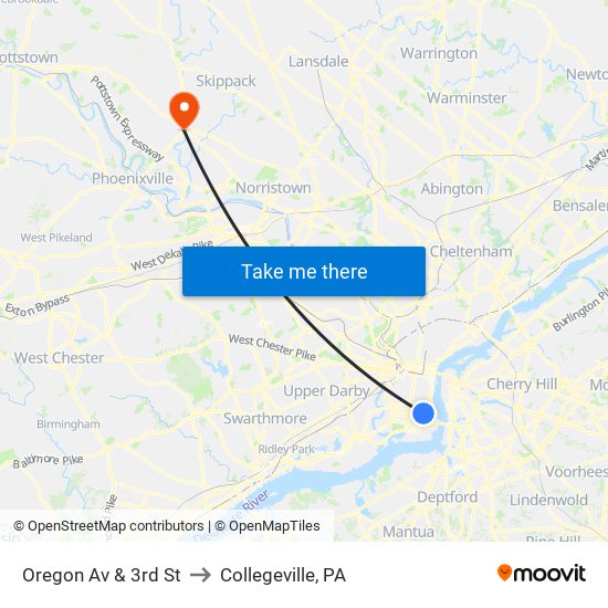 Oregon Av & 3rd St to Collegeville, PA map