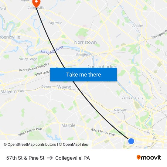 57th St & Pine St to Collegeville, PA map
