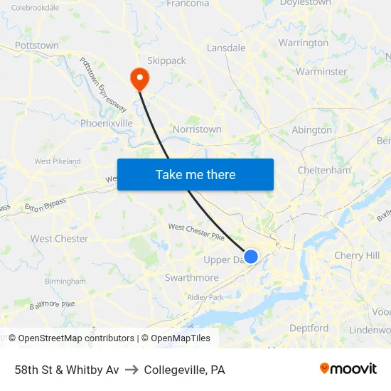 58th St & Whitby Av to Collegeville, PA map