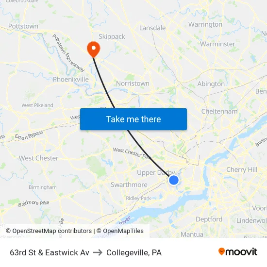 63rd St & Eastwick Av to Collegeville, PA map