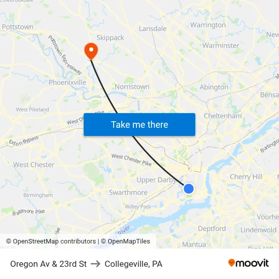 Oregon Av & 23rd St to Collegeville, PA map