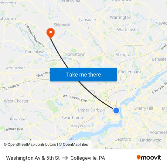 Washington Av & 5th St to Collegeville, PA map