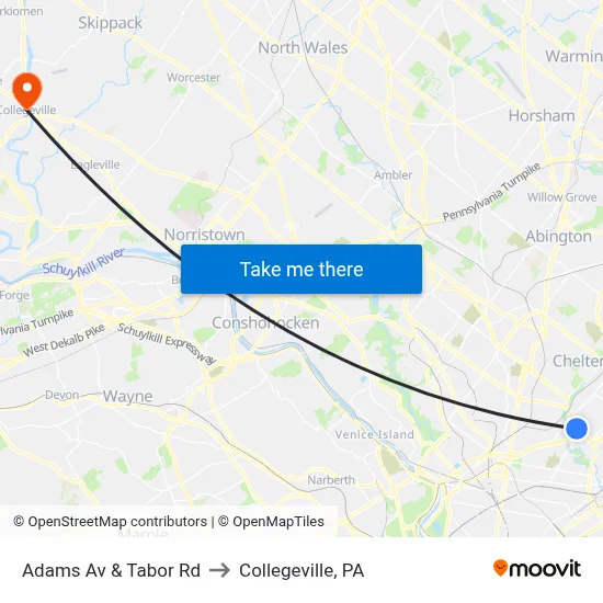Adams Av & Tabor Rd to Collegeville, PA map