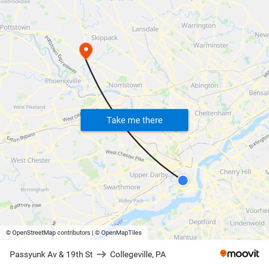 Passyunk Av & 19th St to Collegeville, PA map