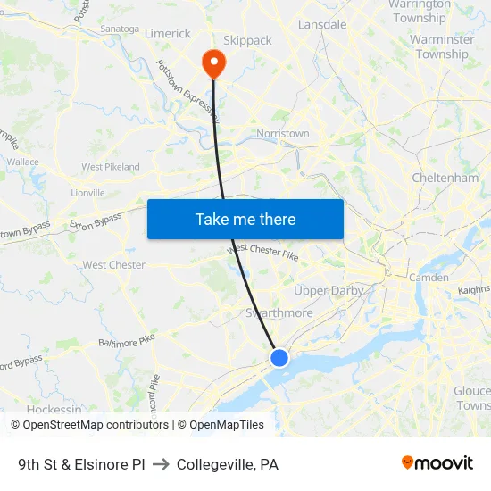 9th St & Elsinore Pl to Collegeville, PA map