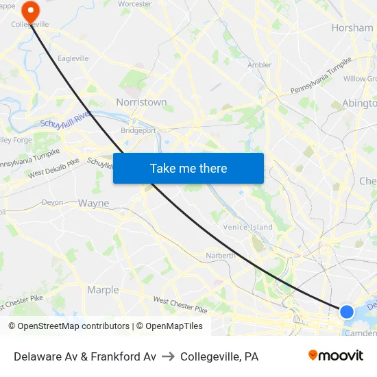 Delaware Av & Frankford Av to Collegeville, PA map