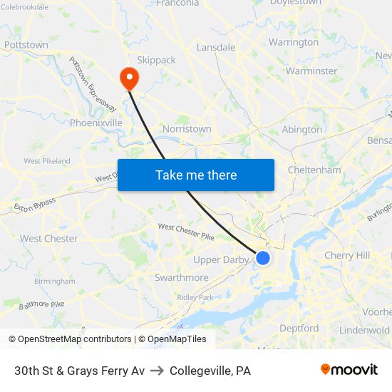 30th St & Grays Ferry Av to Collegeville, PA map