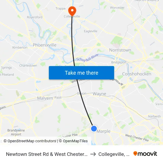 Newtown Street Rd & West Chester Pk to Collegeville, PA map