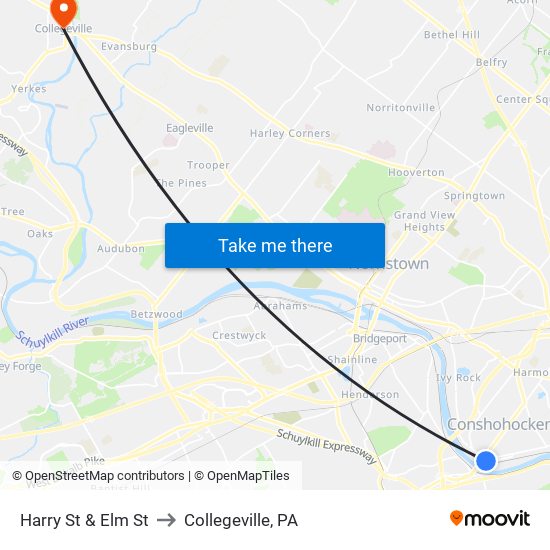 Harry St & Elm St to Collegeville, PA map