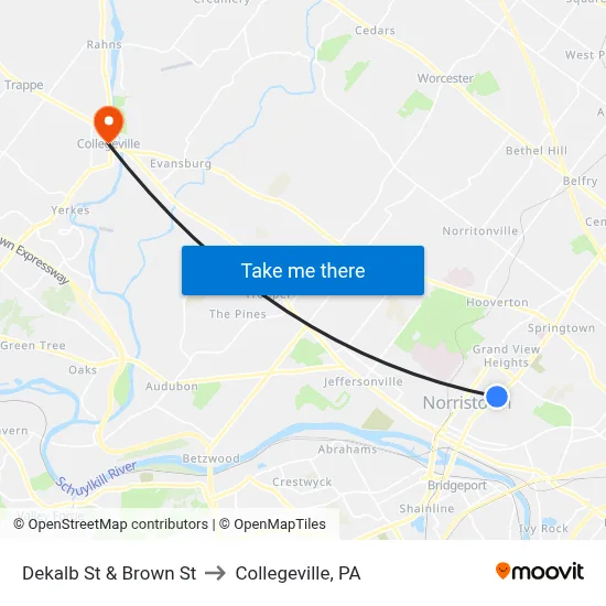 Dekalb St & Brown St to Collegeville, PA map