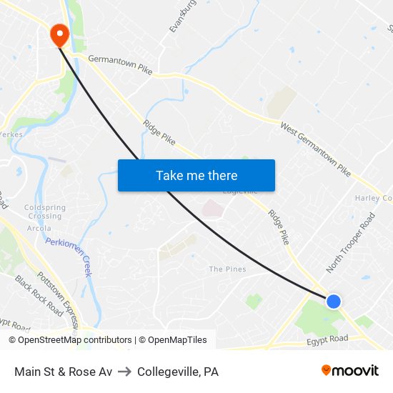 Main St & Rose Av to Collegeville, PA map